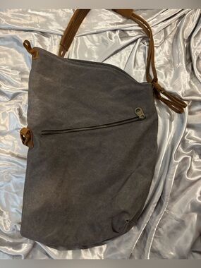 Tom Clovers Suede Drawstring Backpack in Charcoal with Tan Straps